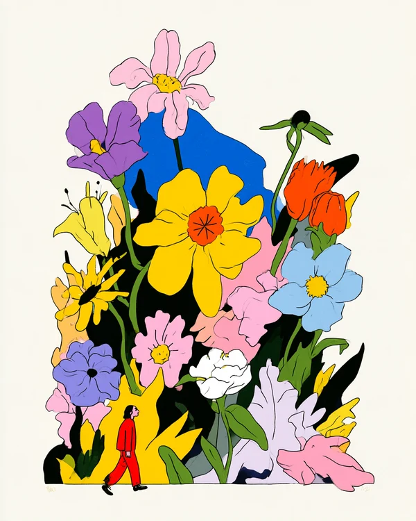 A Lone Figure Walking Through Giant Flowers