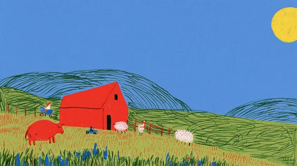 A Whimsical Farm Scene with Red Barn and Animals