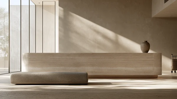 Minimalist Hotel Lobby with Travertine Desk