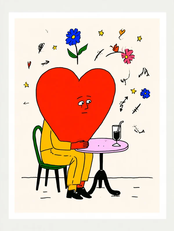 Heart Character Sitting Alone at a Cafe Table