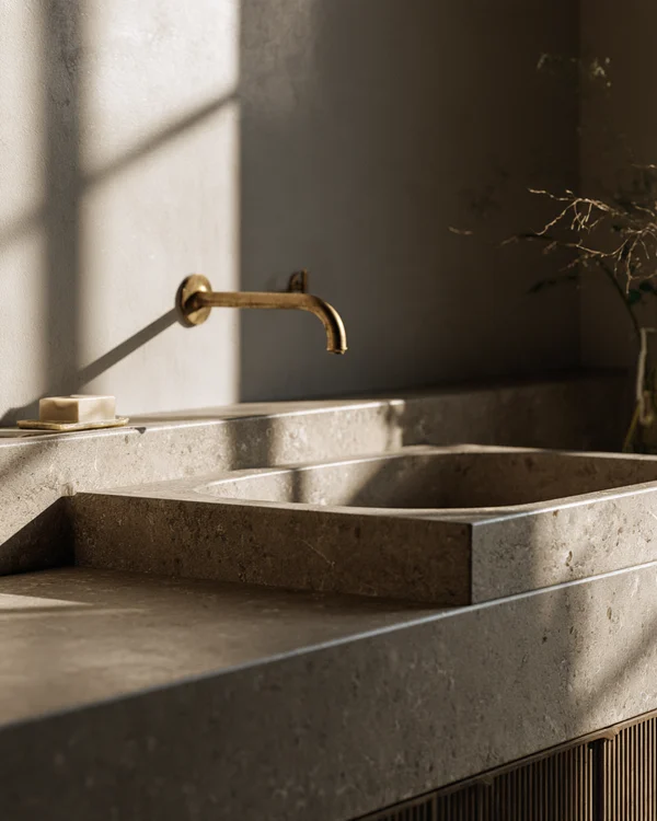 Minimalist Stone Bathroom Sink with Brass Tap