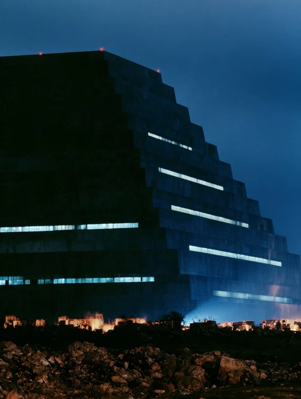 Stepped Brutalist Structure at Twilight