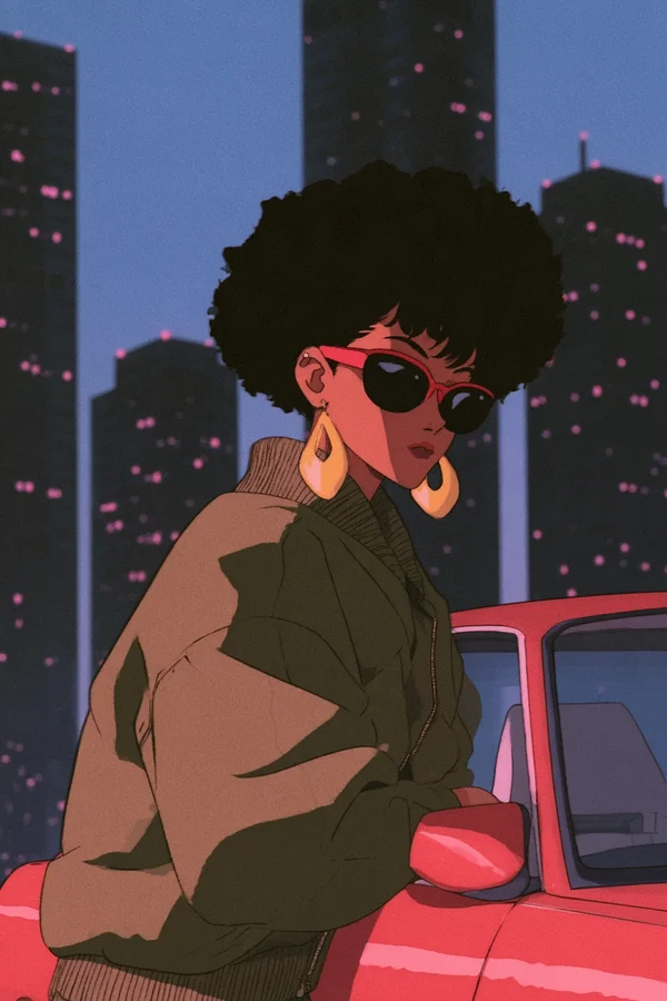Cool Woman Leaning Against a Red Car at Dusk