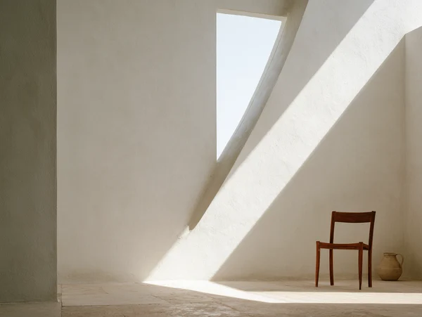 Minimalist Room with Wooden Chair and Ceramic Jug