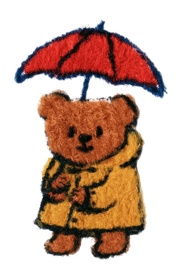 Fuzzy Brown Bear in Raincoat with Red Umbrella