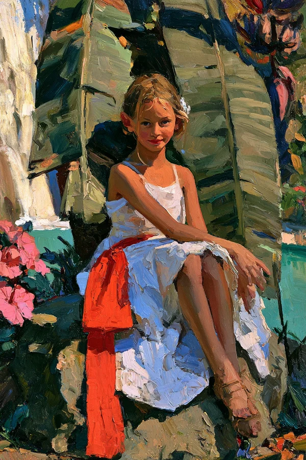 Girl Sitting on a Rock by a Tropical Waterfall