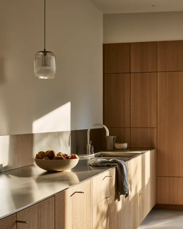 Modern Kitchen with Oak Cabinets and Steel Counter