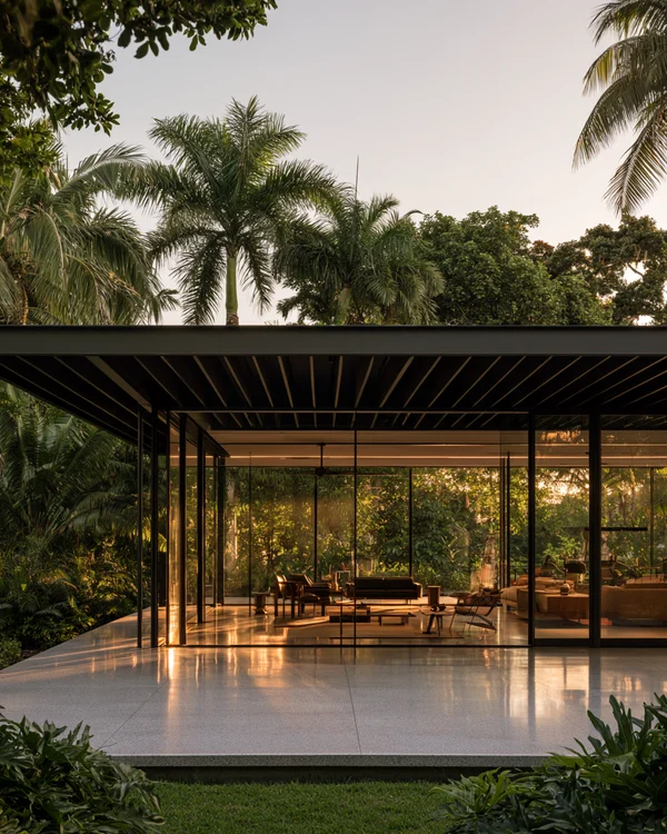 Modern Glass Pavilion in a Tropical Garden