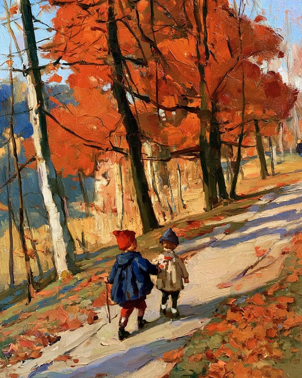 Children Walking Along a Forest Path in Autumn