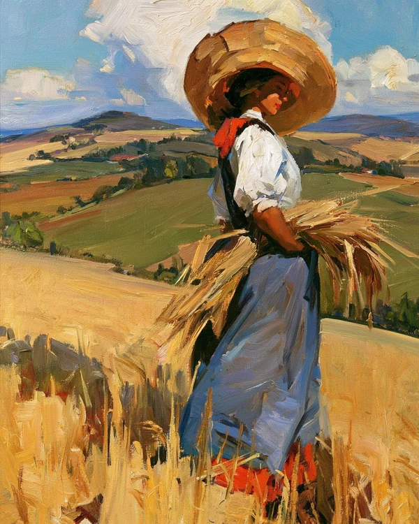 Woman Harvesting Wheat in a Golden Field