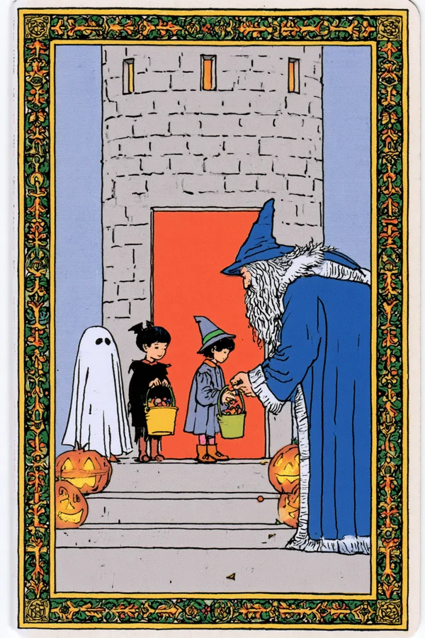 Children Trick or Treating at a Wizard Tower