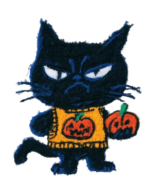 Grumpy Black Cat Patch with Pumpkin Motif