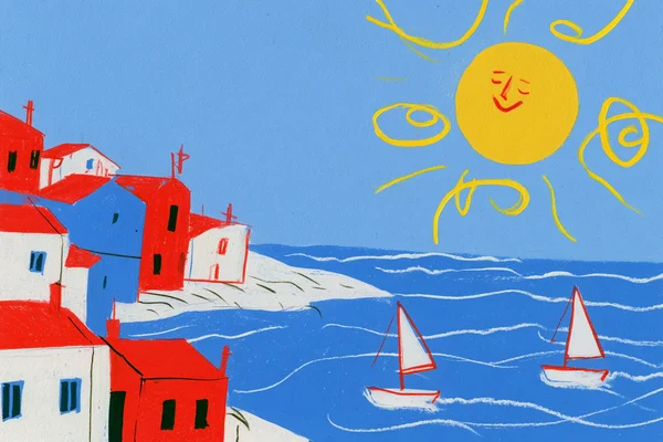 Colorful Seaside Village Illustration
