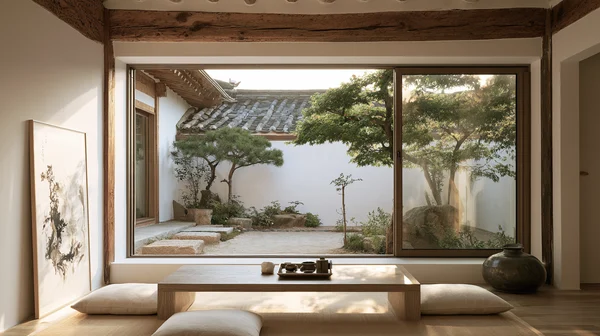 Serene Traditional Courtyard View Living Space