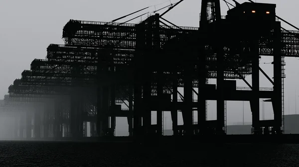 Silhouetted Harbor Cranes at Twilight