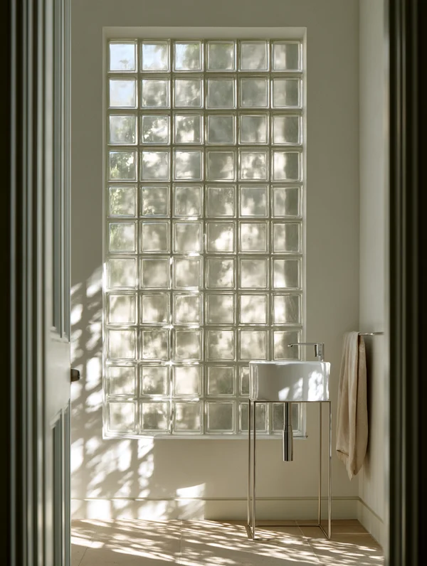 Minimalist Bathroom with Glass Block Wall