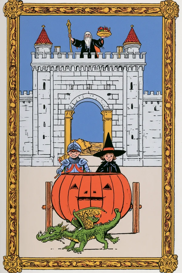 Children in Costumes with a Pumpkin Carriage