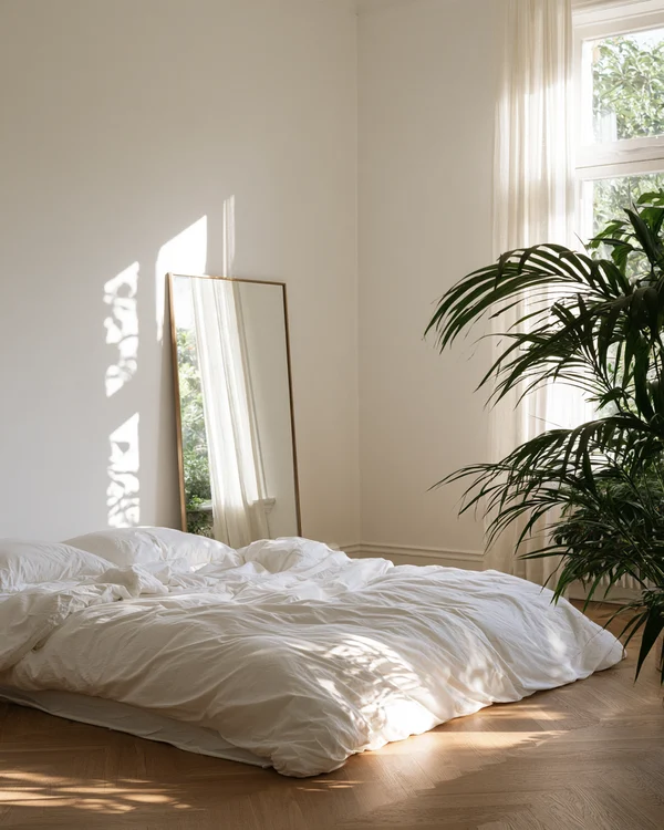 Sunlit Minimalist Bedroom with Floor Mirror