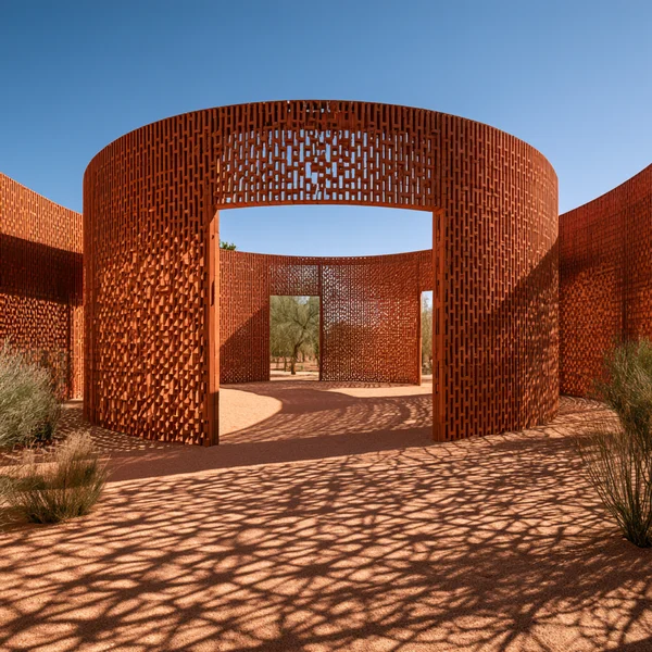 Circular Terracotta Pavilion in Desert Landscape