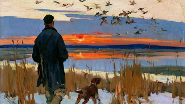 Hunter and Dog at Sunset