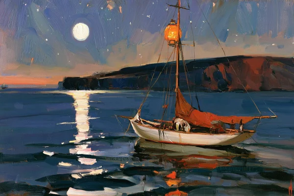 Sailboat Anchored Under a Full Moon
