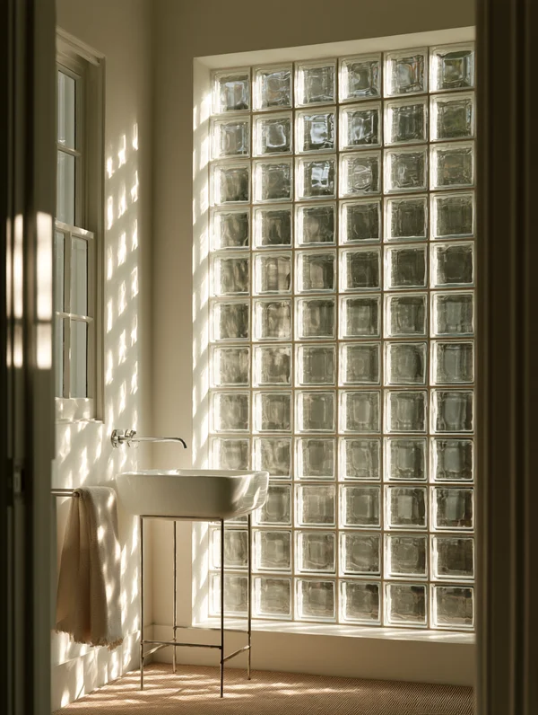 Minimalist Bathroom with Glass Block Wall