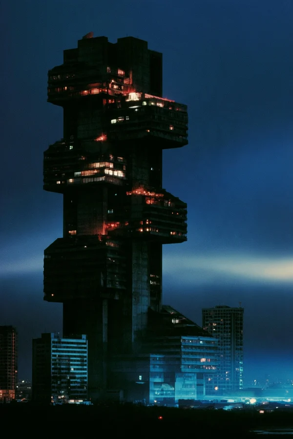 Brutalist Skyscraper at Night
