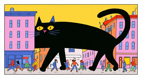 Giant Black Cat Walking Through City Streets