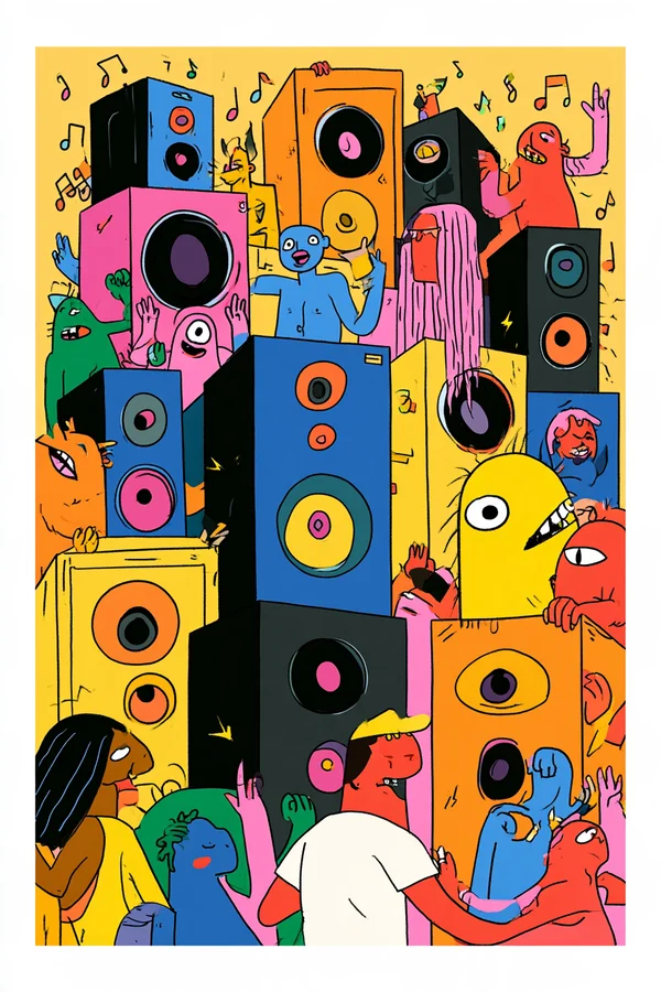 Cartoon Creatures Dancing at a Loud Music Party