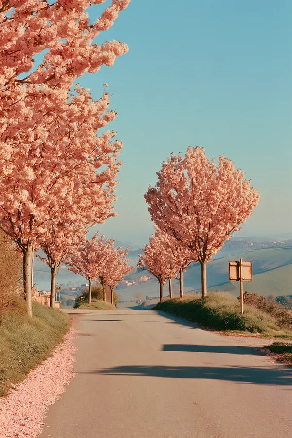 Cherry Blossom Lined Country Road