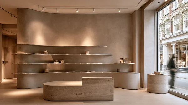Minimalist Boutique Interior with Curved Shelving