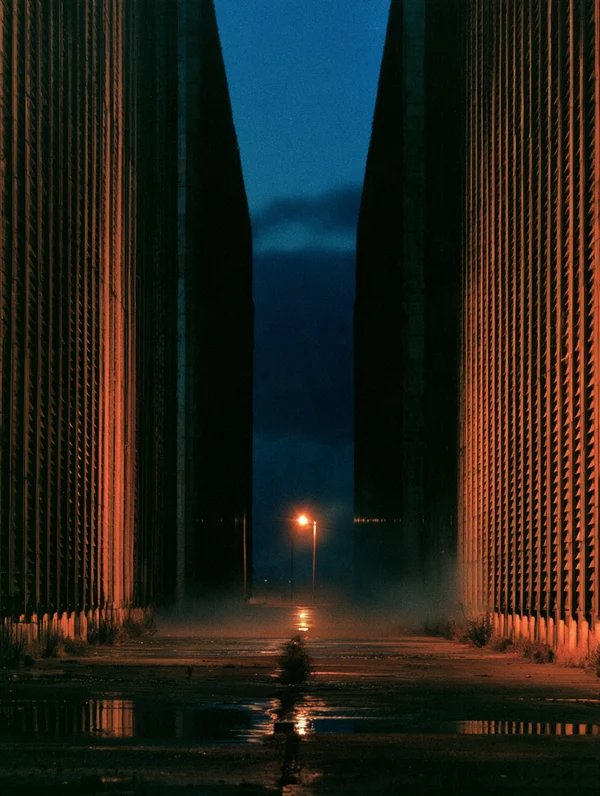 A Narrow Corridor Between Two Industrial Walls