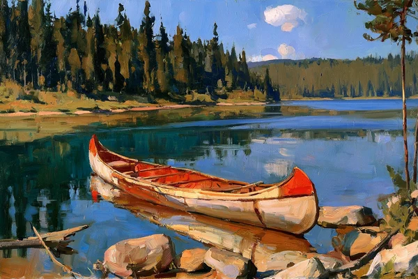 Canoe Resting on a Calm Mountain Lake