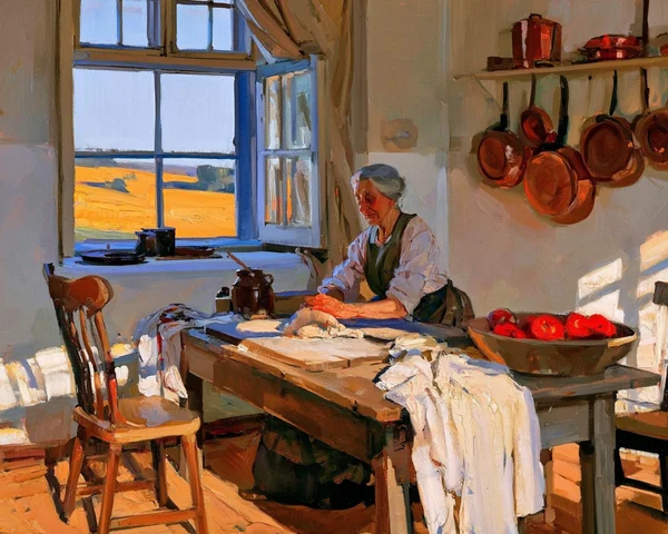 Elderly Woman Kneading Dough in Farmhouse Kitchen