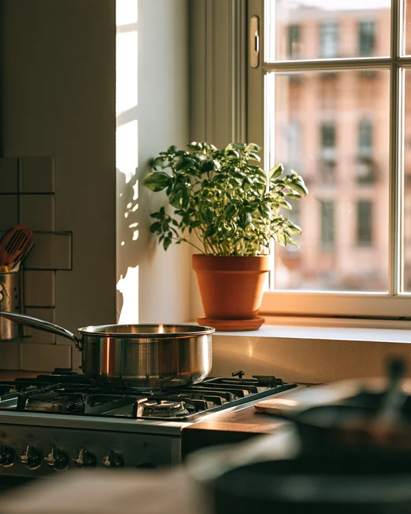Sunlit Kitchen Corner with Basil Plant