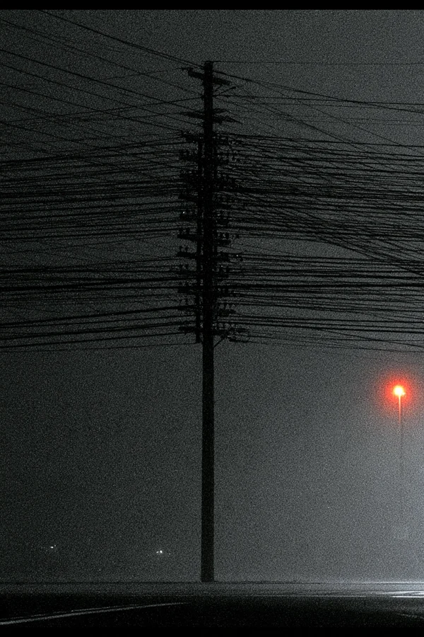 Utility Pole and Wires in the Foggy Night