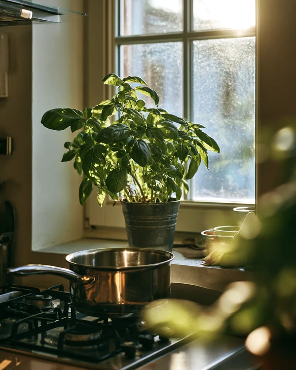 Basil Plant on a Sunny Kitchen Windowsill