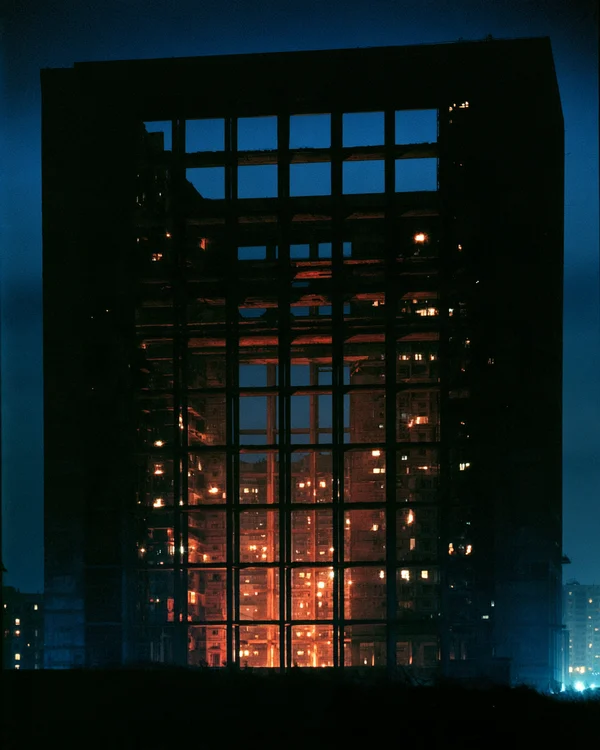 Monolithic Grid Structure at Night