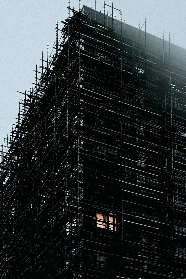 Scaffolded Building at Dusk