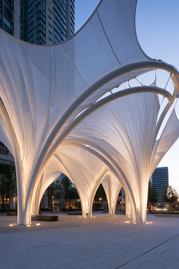 Modern Tensile Fabric Pavilion at Twilight