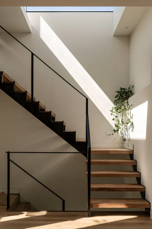 Minimalist Steel and Oak Staircase with Skylight