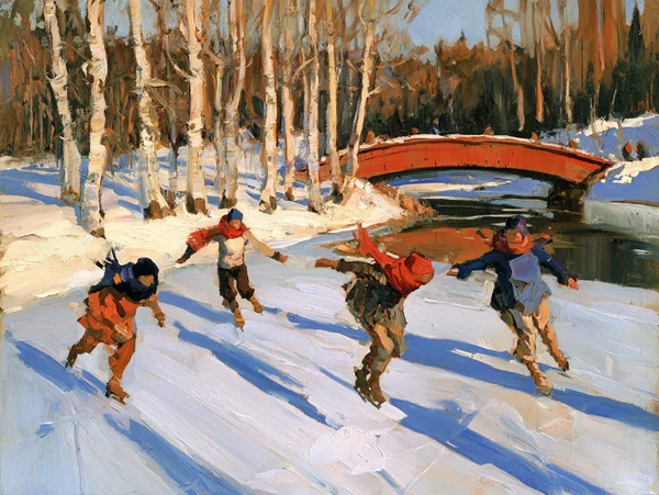 Children Ice Skating on a Frozen Pond