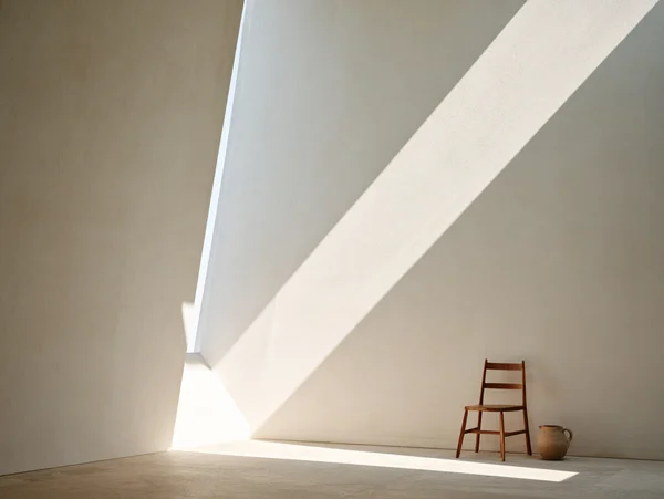 Minimalist Room with Wooden Chair and Ceramic Jug