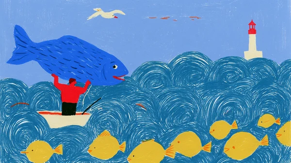 Fisherman Holding a Giant Blue Fish at Sea