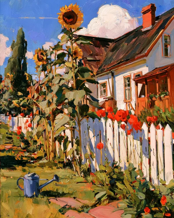 Sunlit Cottage Garden with Sunflowers and Poppies