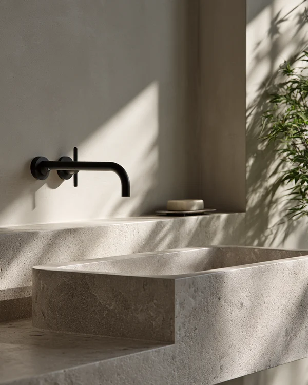 Minimalist Stone Basin and Matte Black Faucet