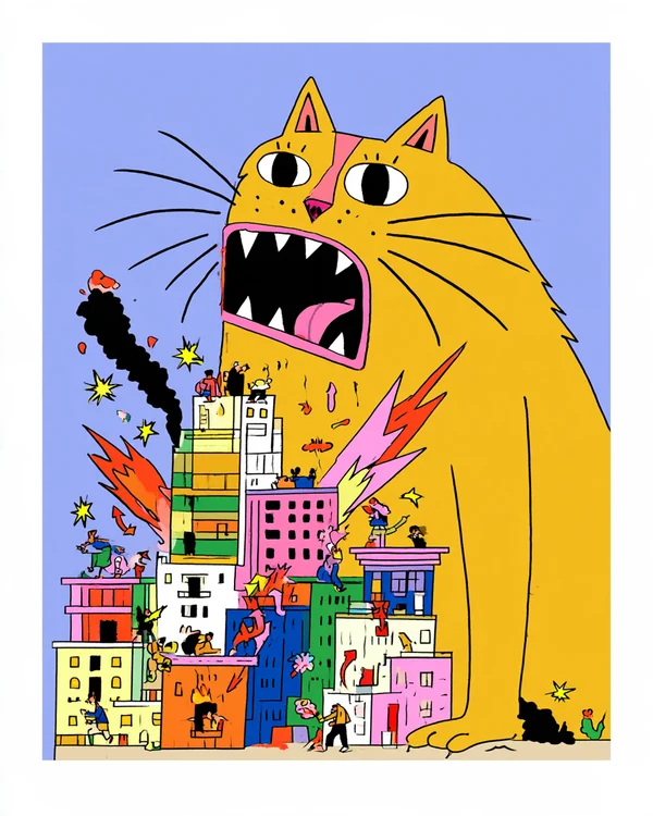 Giant Cat Encountering a Miniature City