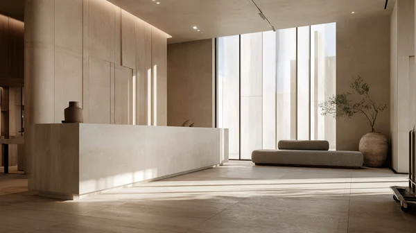 Minimalist Hotel Lobby with Travertine Reception