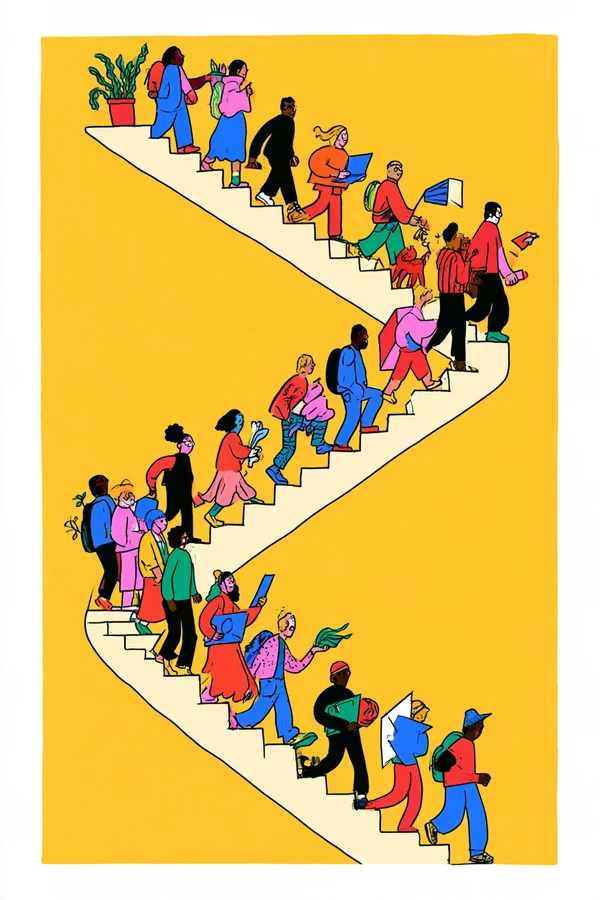 People Climbing a Winding Staircase
