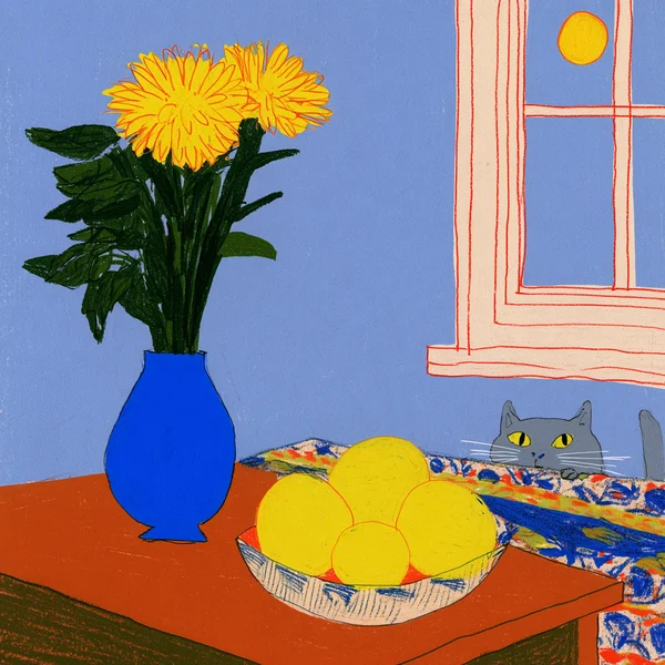 Still Life with Flowers and a Peeking Cat